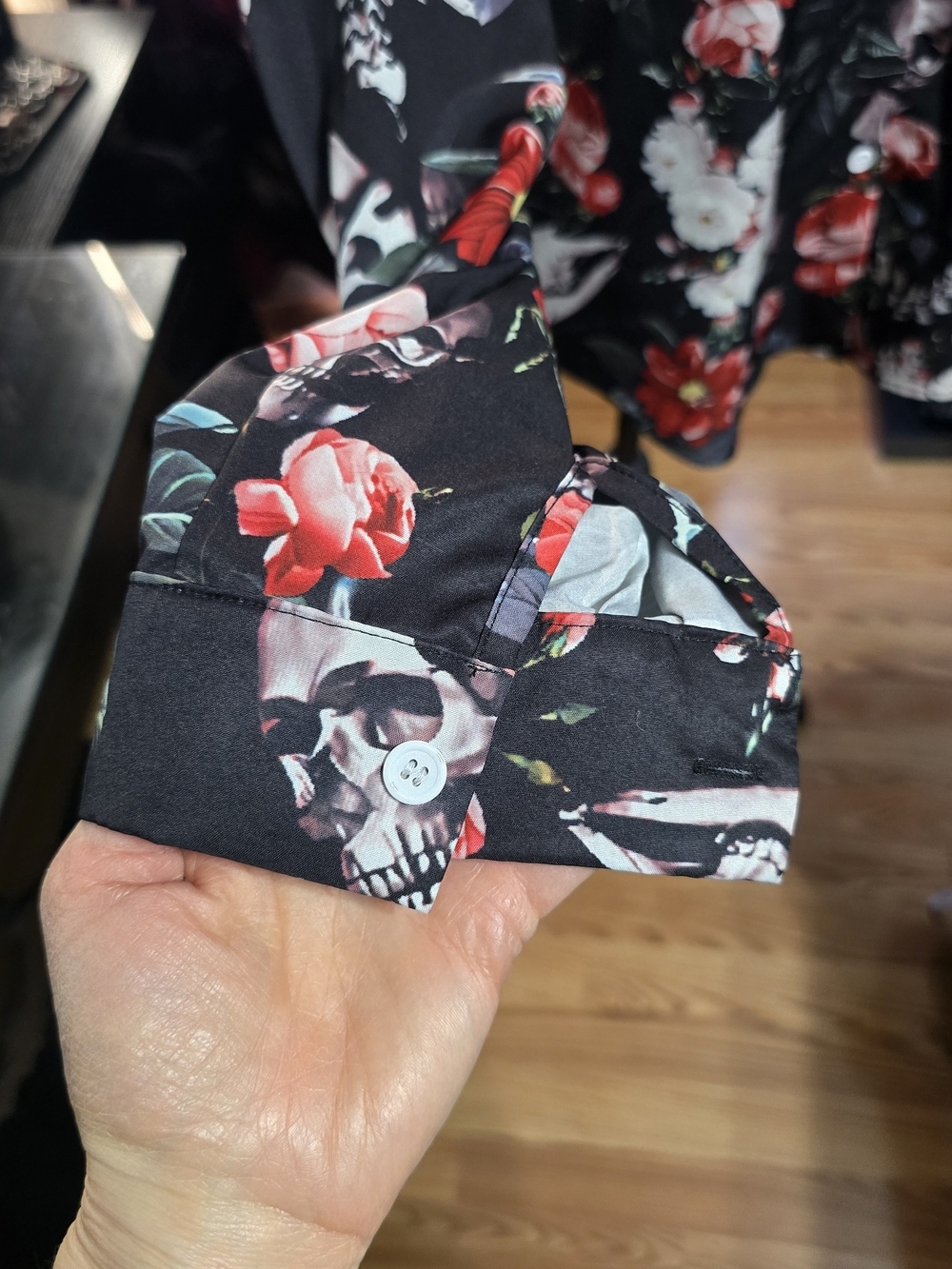 Black Floral Skull Button-Up Shirt - Picture 2 of 7
